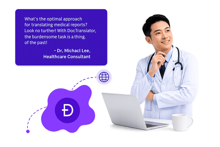 Promotional graphic for DocTranslator featuring a smiling healthcare consultant in a white lab coat sitting beside a laptop.