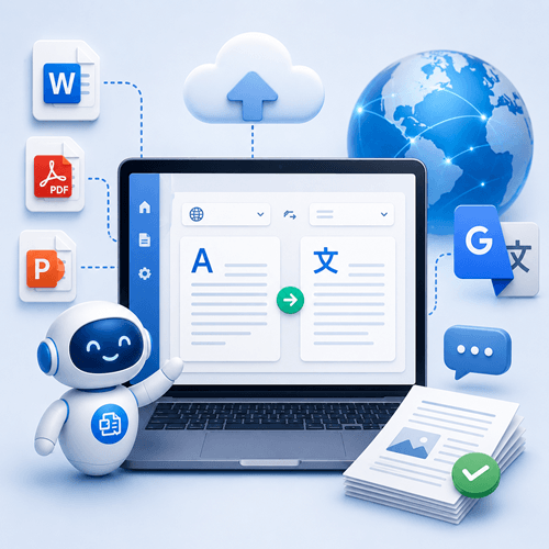 A clean, modern 3D illustration of an AI-powered document translation platform featuring a laptop with a multilingual translation interface, floating Word, PDF, and PowerPoint document icons, a cloud upload symbol, a globe representing global language support, and a friendly robot assistant on a soft blue and white background.